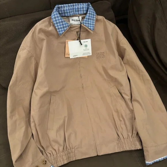 Miu Miu Women's Casual Zip-Collar Layered-Look Jacket — Beige, Size M - Picture 1 of 5